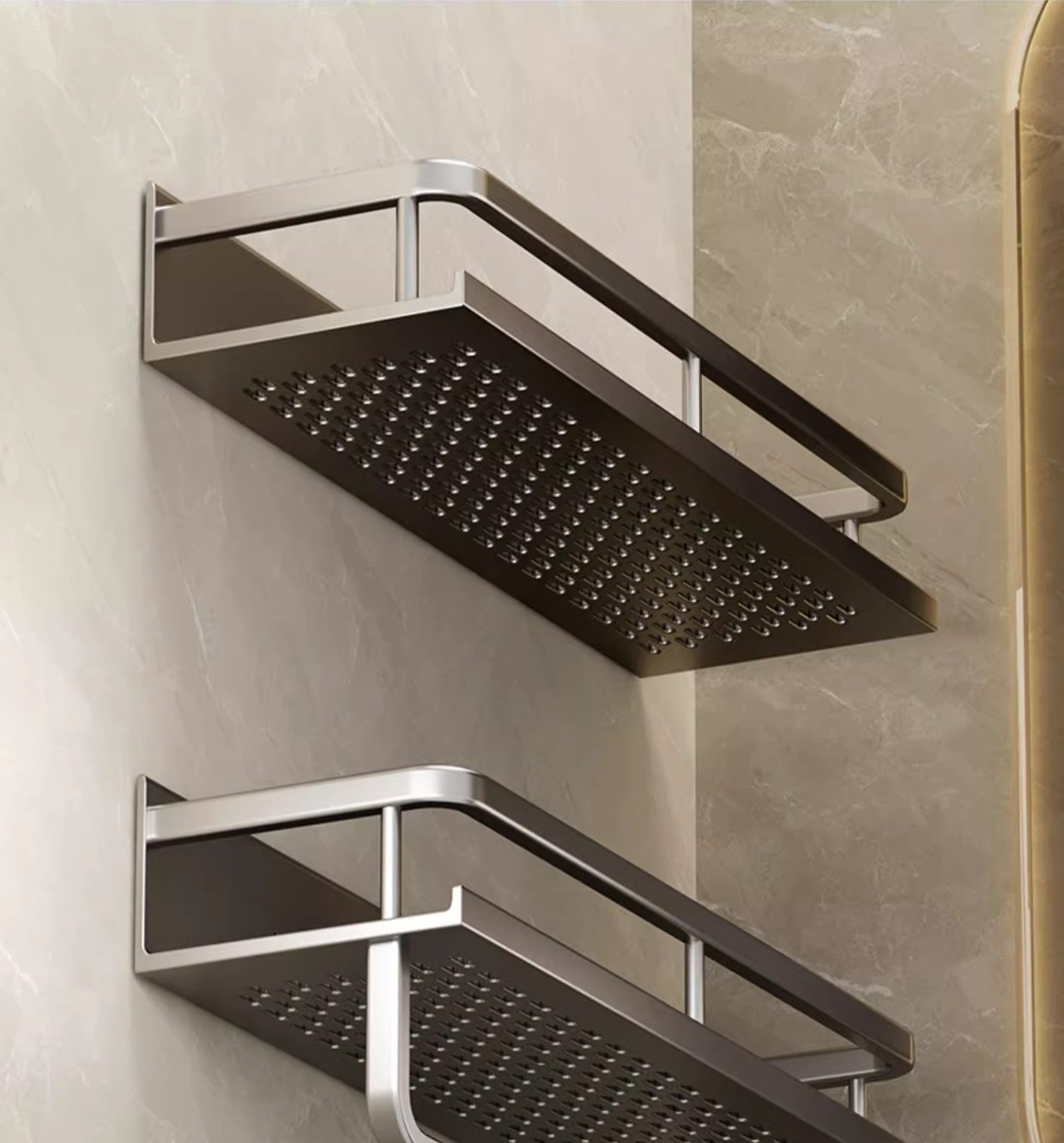 Gunmetal gray perforated base bathroom shelf 24 01