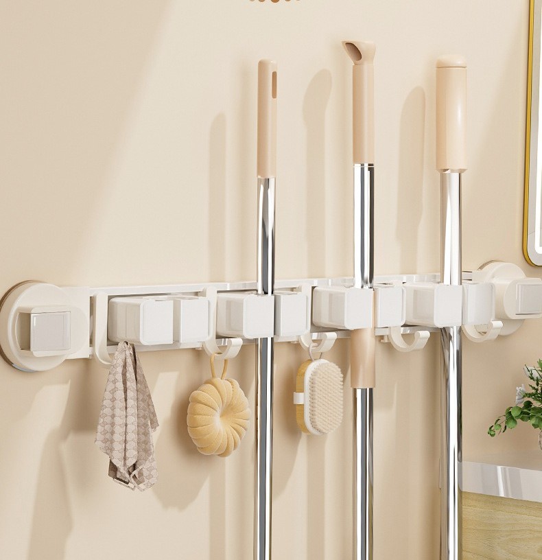 Suction cup mop holder and cloth hook storage rack 27 01