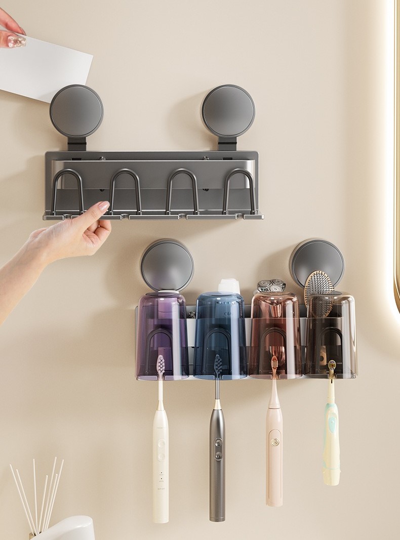 Bathroom suction cup toothbrush and mouthwash cup holder 53 02