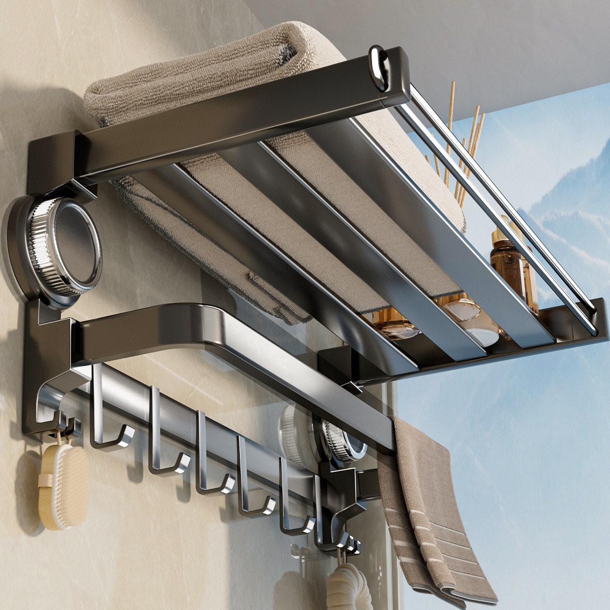 Gray no-drill suction cup bathroom towel rack 42